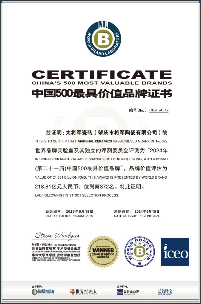 價(jià)值218.81億！大將軍瓷磚連續9年蟬聯(lián)“中國500價(jià)值品牌”榜(圖2)